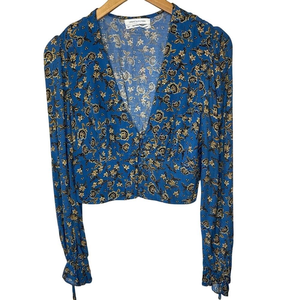 Urban Outfitters Blue Floral Cottage Core Button Up Long Sleeve Cropped Top Sm